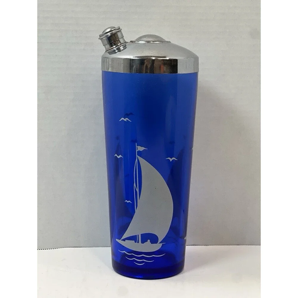 Vintage Hazel Atlas Cobalt Blue Cocktail Shaker glasses ice bucket Sailboat